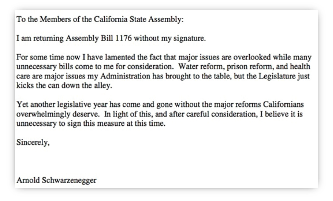 Can you discover the hidden information in this real letter that Arnold Schwarzenegger sent to the California state assembly? Hint at the end.